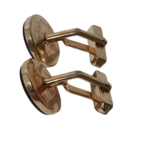 Vintage Swank Cufflinks Gold Tone Round Black Onyx Stone Signed - Picture 6 of 8